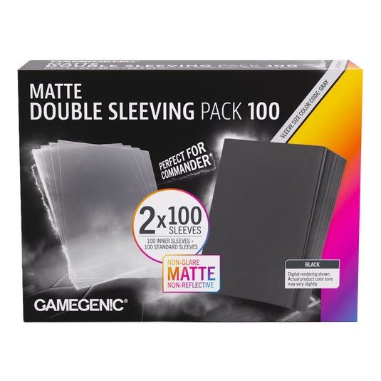 Matte Double Sleeving Pack 100 66x91 - Front of packaging with images of clear and black card sleeves. 