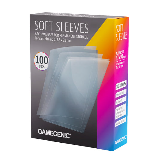 Soft Sleeves 67x94 - front of packaging with images of clear card sleeves.