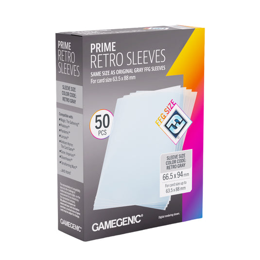 Prime Retro Sleeves 66.5x94 mm - front of packaging with images of card sleeves for card size of 63.5 x 88 mm.