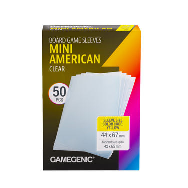 Board Game Sleeves Mini American Clear - front of packaging with image of clear cards sleeves for card size up to 42 x 65 mm.