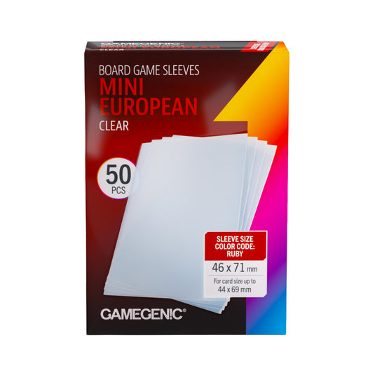 Board Game Sleeves Mini European Clear - front of packaging featuring images of clear cards sleeves for card size up to 44 x 69 mm.