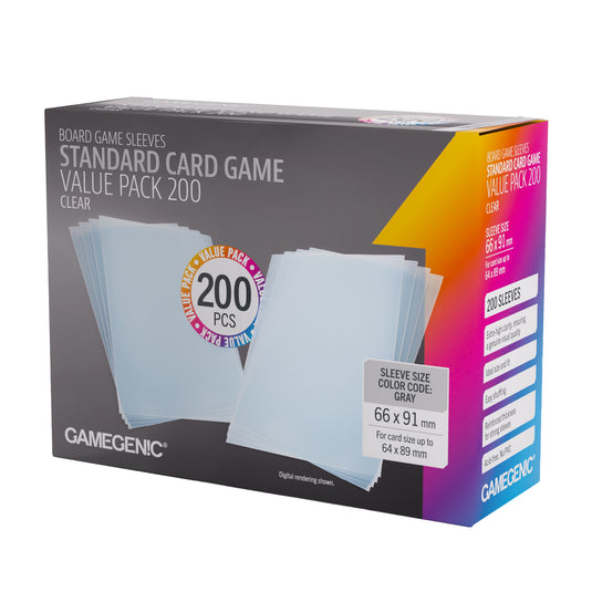 Prime Sleeves Standard Card Game-Size Value Pack 200 - front of packaging with images of clear card sleeves.