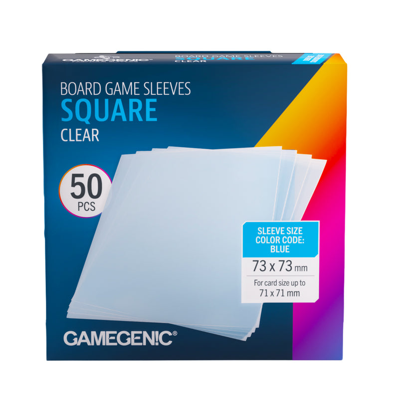 Load image into Gallery viewer, Board Game Sleeves Square Clear - Front of packaging with image of stack of clear square card sleeves. Box lists it includes 50 pcs and sleeve size is 73 x 73 mm for card size up to 71 x 71 mm.
