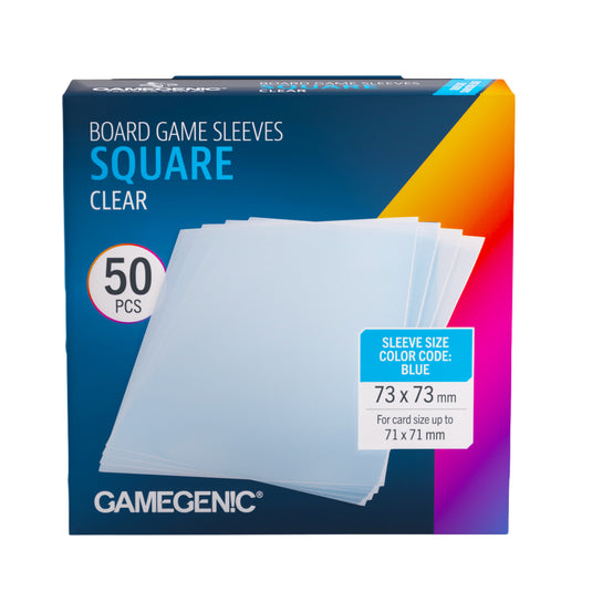 Board Game Sleeves Square Clear - Front of packaging with image of stack of clear square card sleeves. Box lists it includes 50 pcs and sleeve size is 73 x 73 mm for card size up to 71 x 71 mm.