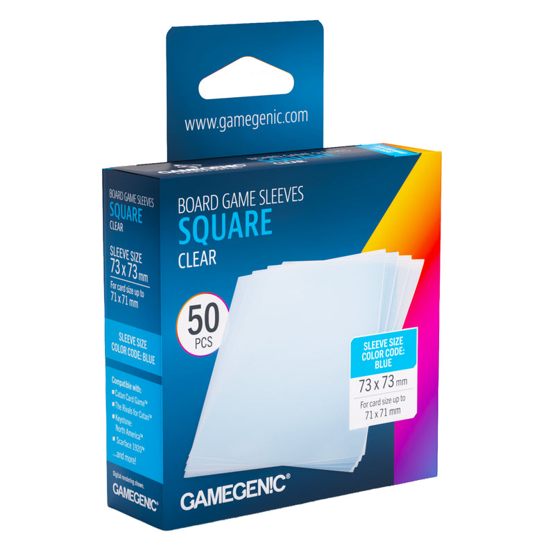 Load image into Gallery viewer, Board Game Sleeves Square Clear - Front of packaging with image of stack of clear square card sleeves. Box lists it includes 50 pcs and sleeve size is 73 x 73 mm for card size up to 71 x 71 mm.
