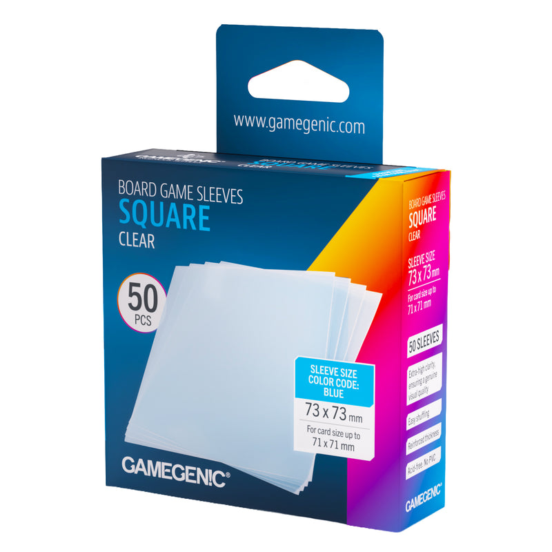 Load image into Gallery viewer, Board Game Sleeves Square Clear - Front of packaging with image of stack of clear square card sleeves. Box lists it includes 50 pcs and sleeve size is 73 x 73 mm for card size up to 71 x 71 mm.
