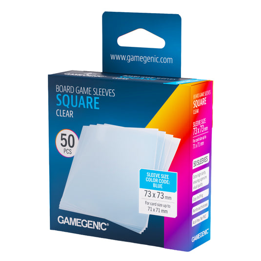 Board Game Sleeves Square Clear - Front of packaging with image of stack of clear square card sleeves. Box lists it includes 50 pcs and sleeve size is 73 x 73 mm for card size up to 71 x 71 mm.