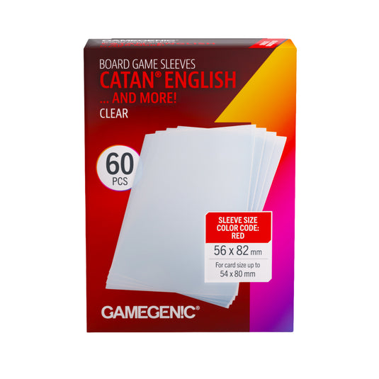 Board Game Sleeves CATAN English Clear - front of packaging with images of clear cards sleeves for card size 54 x 80 mm.