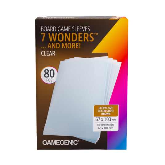 Board Game Sleeves 7 Wonders Clear - front of packaging with sleeve size listed as 67 x 103 mm and images of clear card sleeves.