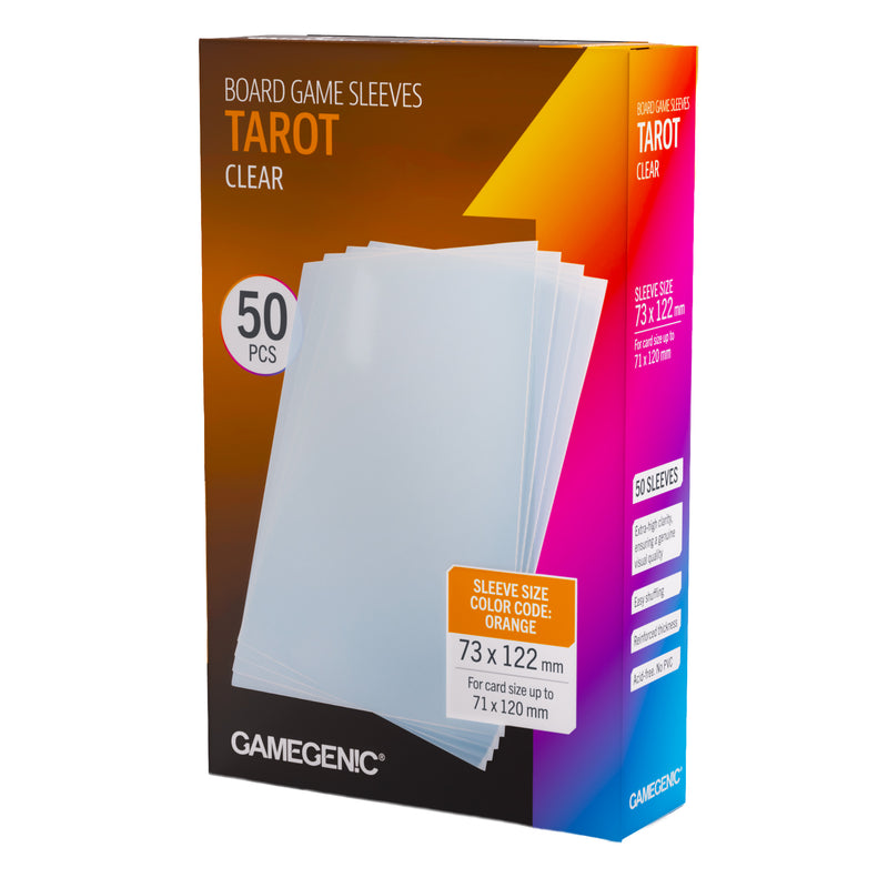 Load image into Gallery viewer, Board Game Sleeves Tarot-Size Clear - front of packaging with images of clear card sleeves.
