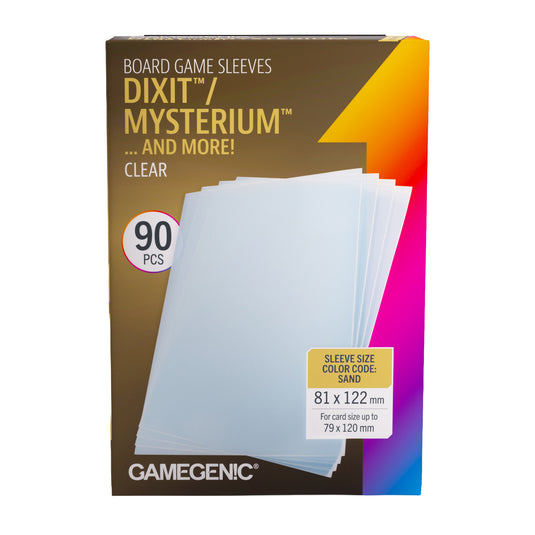 Board Game Sleeves Dixit Clear - front of packaging with images of clear card sleeves.