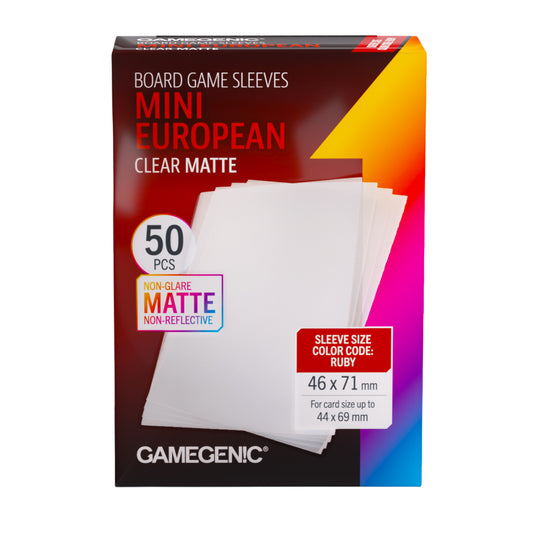 Board Game Sleeves Mini European Clear Matte - front of packaging with images of clear matte card sleeves.