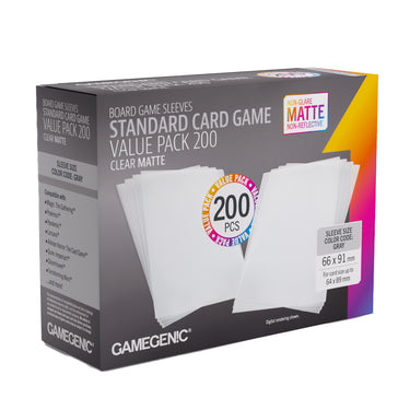 Matte Sleeves Standard Card Game-Size Value Pack 200 - front of packaging with images of clear matte card sleeves.