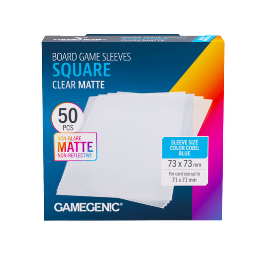 Board Game Sleeves Square Clear Matte - front of packaging with images of clear matte 73 x 73 mm card sleeves.