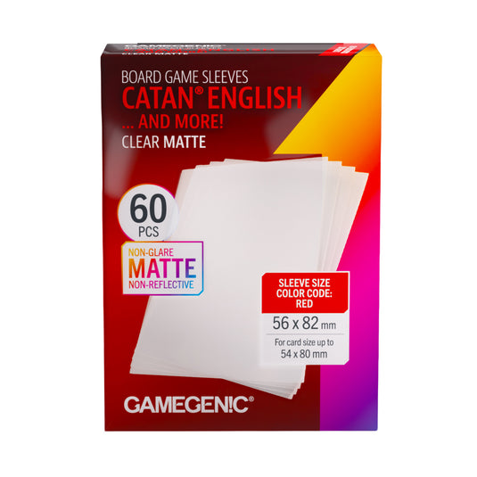 Board Game Sleeves CATAN English Clear Matte - front of packaging with images of clear matte card sleeves.