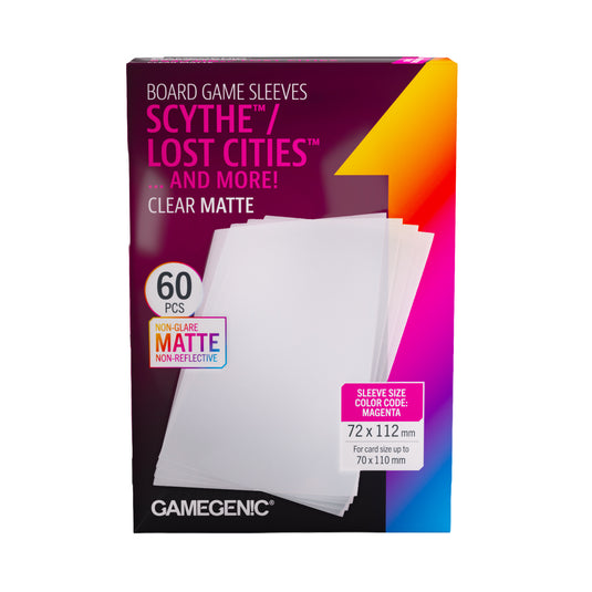 Board Game Sleeves Scythe Clear Matte - front of packaging with images of clear matte card sleeves.