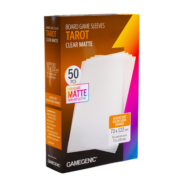 Board Game Sleeves Tarot Clear Matte - front of packaging with images of clear matte card sleeves.