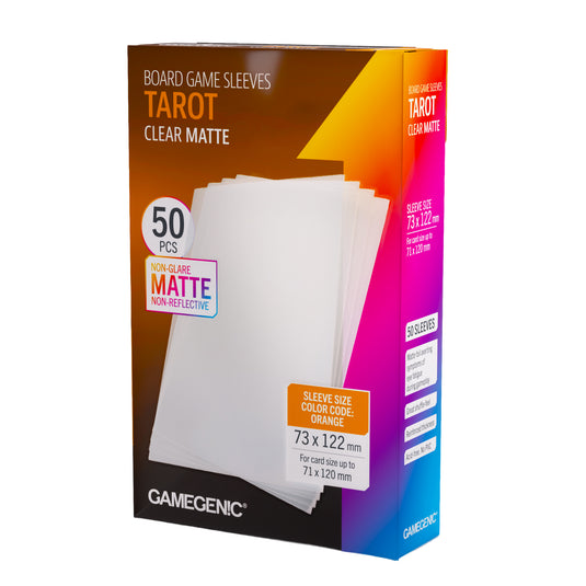 Board Game Sleeves Tarot Clear Matte - front of packaging with images of clear matte card sleeves.