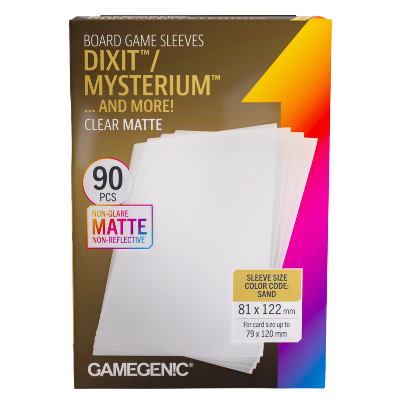 Load image into Gallery viewer, Board Game Sleeves Dixit Clear Matte - Front of packaging with images of clear matte card sleeves. Packaging lists sleeve size is 81 x 122 mm with 90 pcs.
