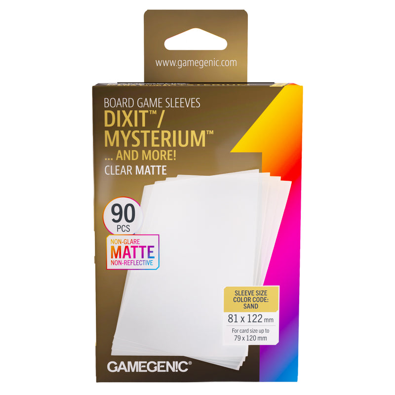 Load image into Gallery viewer, Board Game Sleeves Dixit Clear Matte - Front of packaging with images of clear matte card sleeves. Packaging lists sleeve size is 81 x 122 mm with 90 pcs.
