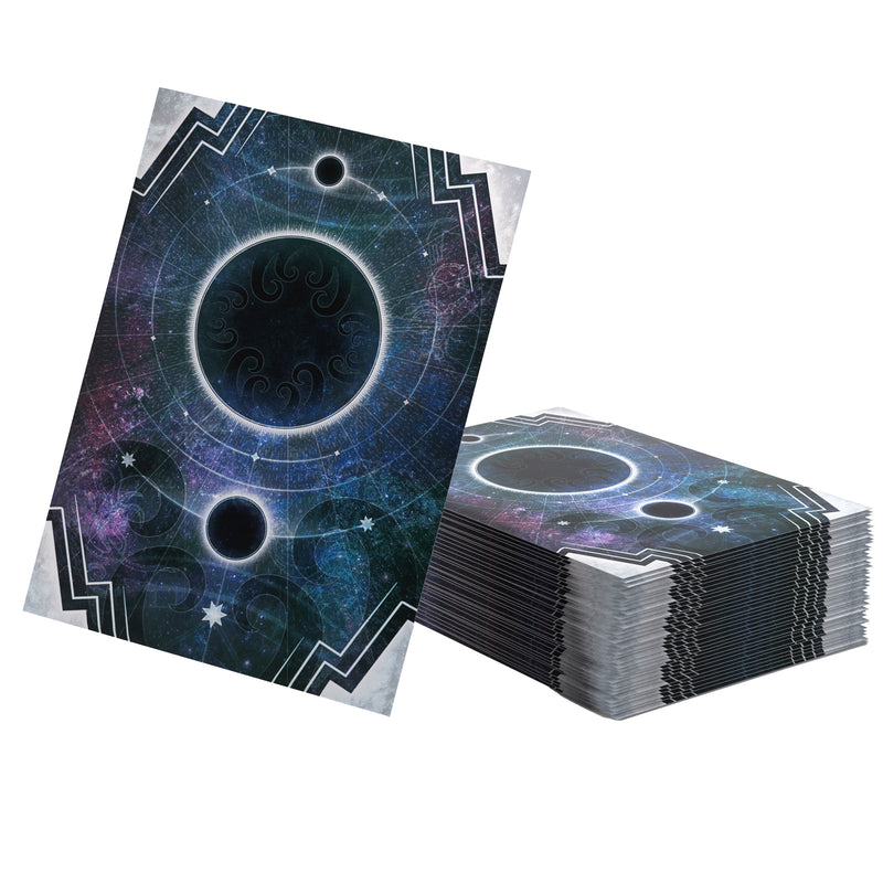 Load image into Gallery viewer, Stack of cards sleeves with cosmic design on a white background
