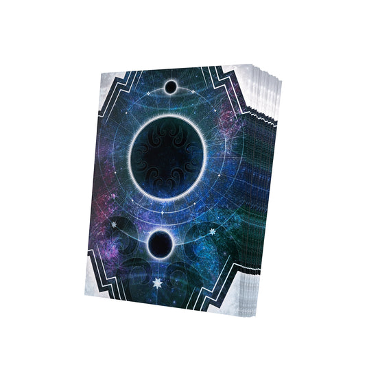Stack of card sleeves with a cosmic design on a white background