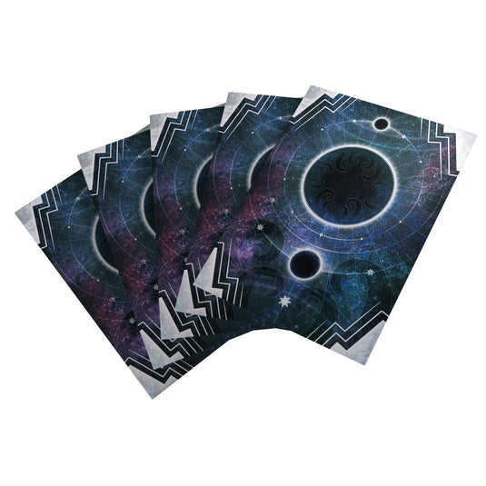 Set of six card sleeves with cosmic design on a white background