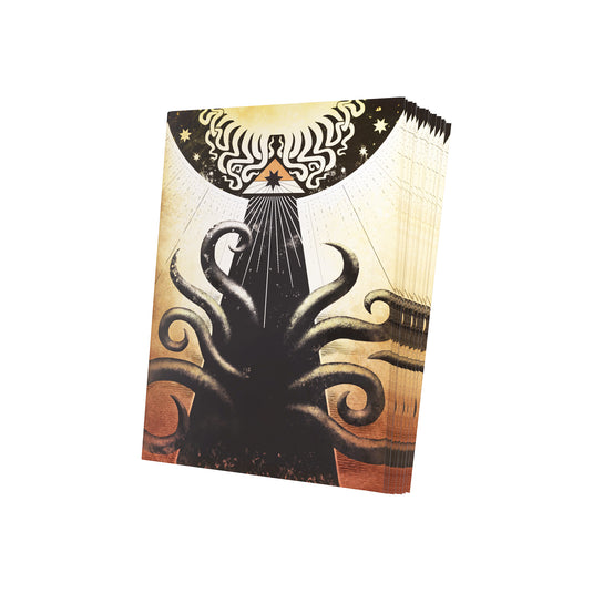 Stack of card sleeves with a fantasy design featuring tentacles on a white background