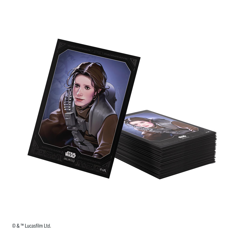Load image into Gallery viewer, Star Wars: Unlimited Premium Art Sleeves - Leia Organa - pile of card sleeves with art of Leia Organa.
