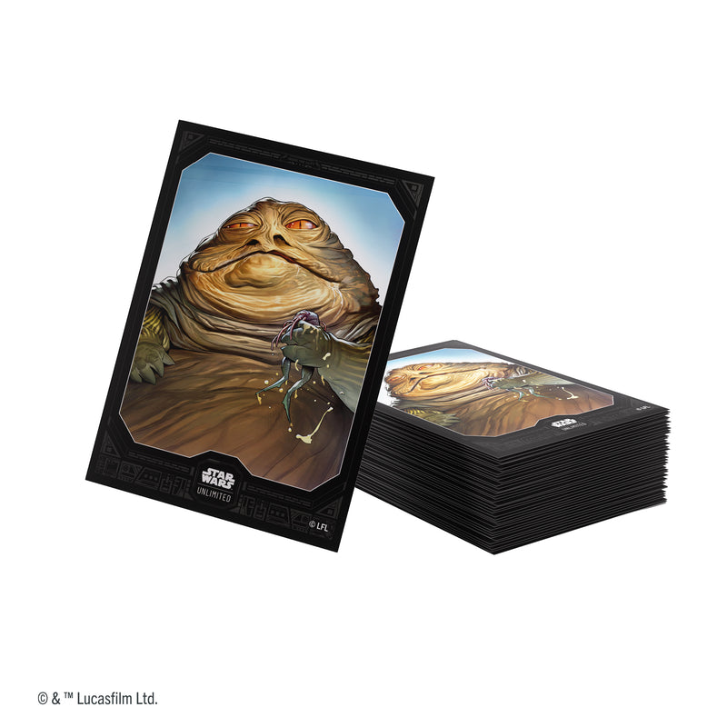 Load image into Gallery viewer, Star Wars: Unlimited Premium Art Sleeves - Jabba the Hutt - pile of card sleeves with art of Jabba the Hutt.
