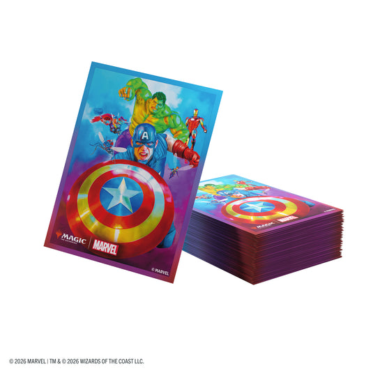 Magic: The Gathering | Marvel Super Heroes Premium Art Sleeves - Captain America, Team Leader - Card sleeves with art of Captain America, The Hulk, Iron Man, and Thor. 