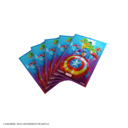 Magic: The Gathering | Marvel Super Heroes Premium Art Sleeves - Captain America, Team Leader - Card sleeves with art of Captain America, The Hulk, Iron Man, and Thor. 