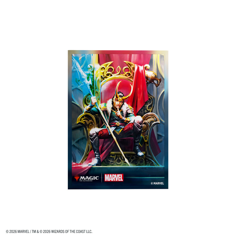 Load image into Gallery viewer, Magic: The Gathering | Marvel Super Heroes Premium Art Sleeves - Loki Laufeyson - Card sleeve with art of Loki sitting on a throne.
