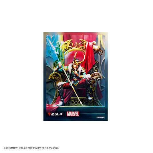 Magic: The Gathering | Marvel Super Heroes Premium Art Sleeves - Loki Laufeyson - Card sleeve with art of Loki sitting on a throne.