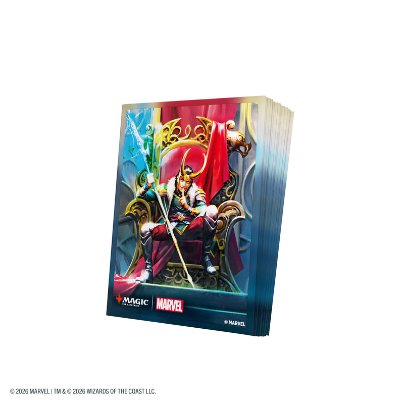 Load image into Gallery viewer, Magic: The Gathering | Marvel Super Heroes Premium Art Sleeves - Loki Laufeyson - Card sleeves with art of Loki sitting on a throne.
