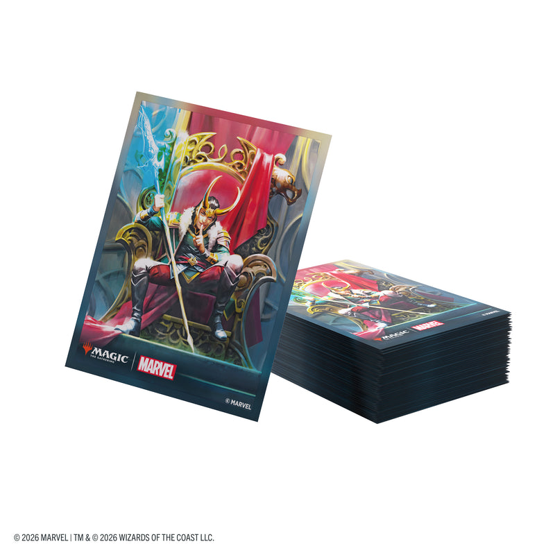 Load image into Gallery viewer, Magic: The Gathering | Marvel Super Heroes Premium Art Sleeves - Loki Laufeyson - Card sleeves with art of Loki sitting on a throne.
