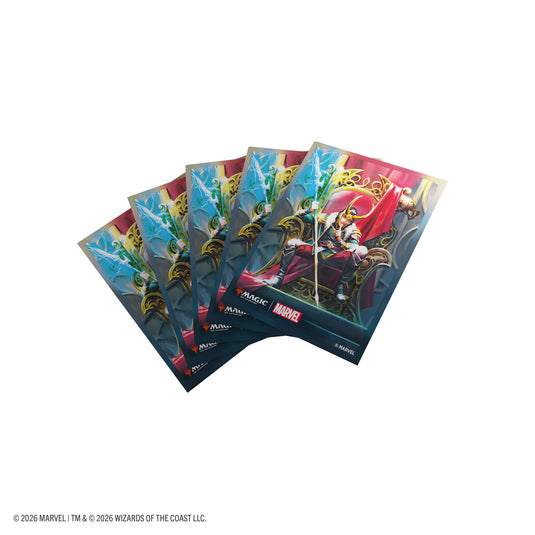 Magic: The Gathering | Marvel Super Heroes Premium Art Sleeves - Loki Laufeyson - Card sleeves with art of Loki sitting on a throne.