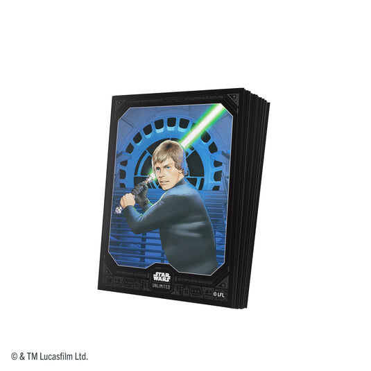 Star Wars: Unlimited Premium Art Sleeves - Jedi Luke Skywalker - view of pile of card sleeves featuring art of Jedi Luke Skywalker. 