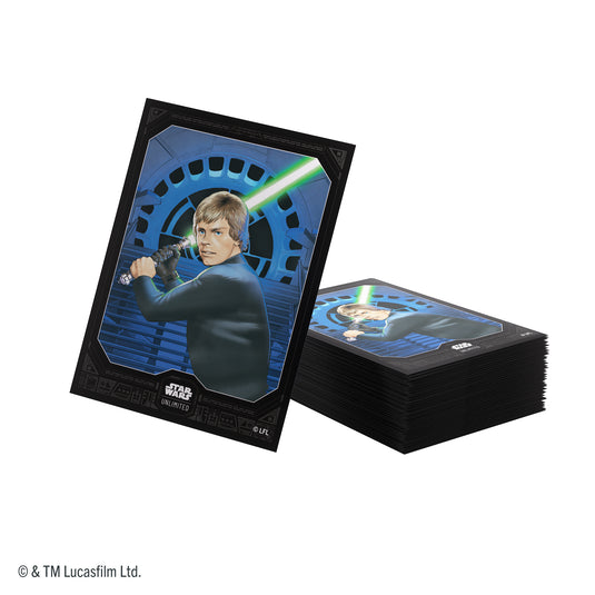 Star Wars: Unlimited Premium Art Sleeves - Jedi Luke Skywalker - view of pile of card sleeves featuring art of Jedi Luke Skywalker. 