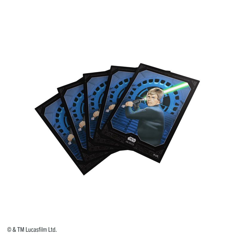 Load image into Gallery viewer, Star Wars: Unlimited Premium Art Sleeves - Jedi Luke Skywalker - view of fan of card sleeves featuring art of Jedi Luke Skywalker. 
