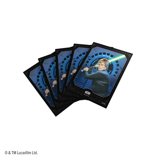 Star Wars: Unlimited Premium Art Sleeves - Jedi Luke Skywalker - view of fan of card sleeves featuring art of Jedi Luke Skywalker. 