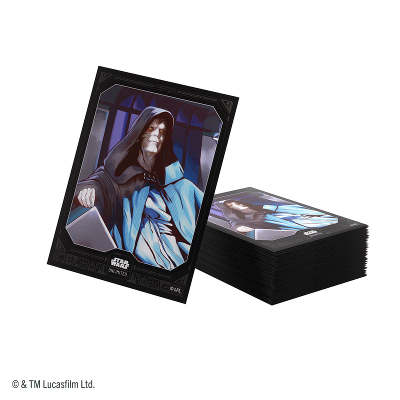 Load image into Gallery viewer, Star Wars: Unlimited Premium Art Sleeves - Emperor Palpatine - view of pile of card sleeves featuring art of Emperor Palpatine. 
