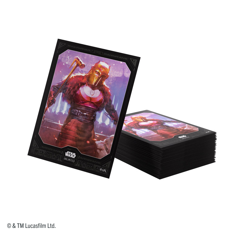 Load image into Gallery viewer, Star Wars: Unlimited Premium Art Sleeves - The Armorer - view of pile of card sleeves featuring art of The Armorer. 
