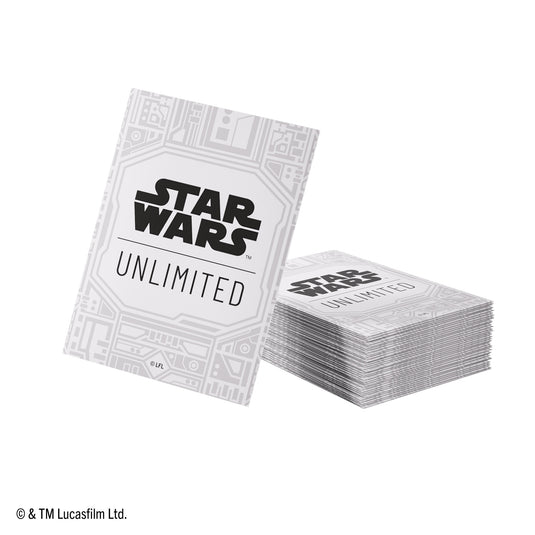 Star Wars: Unlimited Premium Art Sleeves - Unlimited Pattern White - View of white card sleeves with circuits pattern and Star Wars Unlimited branding.
