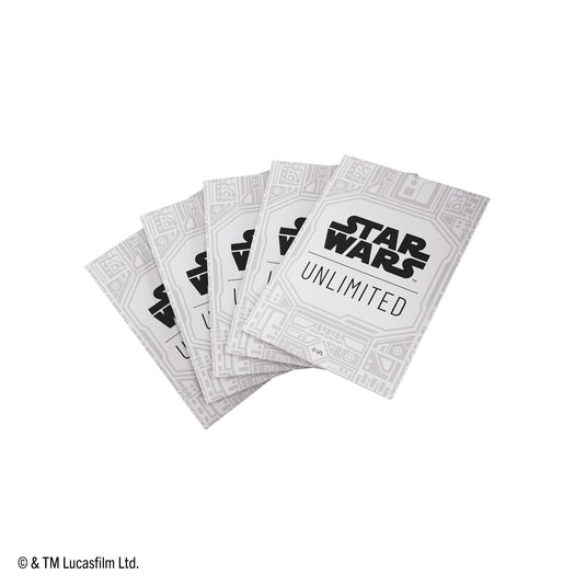 Star Wars: Unlimited Premium Art Sleeves - Unlimited Pattern White - View of white card sleeves with circuits pattern and Star Wars Unlimited branding.