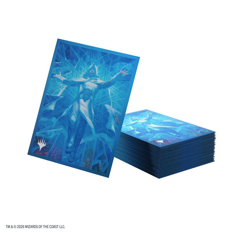 Load image into Gallery viewer, Magic: The Gathering | Reality Fracture Premium Art Sleeves - Overwrite the Multiverse - View of stack of card sleeves featuring art of a person in a white cape and robes on a blue background.
