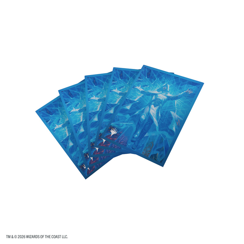 Load image into Gallery viewer, Magic: The Gathering | Reality Fracture Premium Art Sleeves - Overwrite the Multiverse - View of fan of card sleeves featuring art of a person in a white cape and robes on a blue background.
