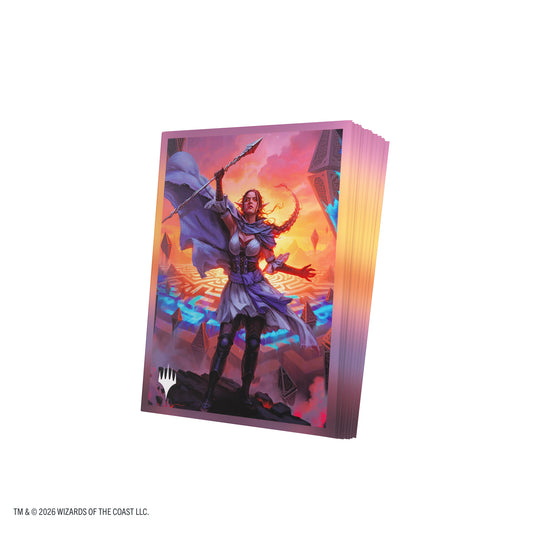 Magic: The Gathering | Reality Fracture Premium Art Sleeves - Nissa, Leyline Tamer - View of stack of card sleeves featuring art of Nissa, Leyline Tamer in front of a labyrinth with the Magic the Gathering logo in the corner.