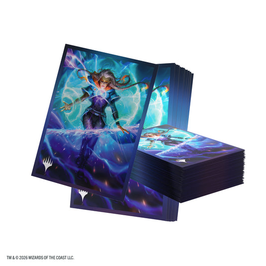 Magic: The Gathering | Reality Fracture Premium Art Sleeves - Entrust the Spark - View of stack of card sleeves featuring art of a person casting a spell with the Magic the Gathering logo in the corner.