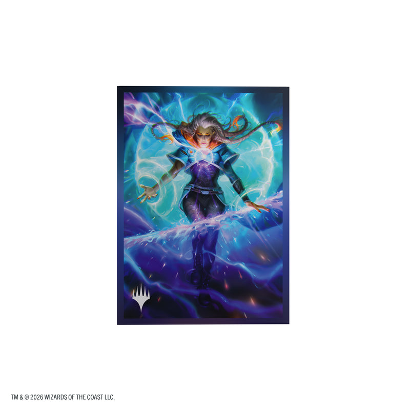 Load image into Gallery viewer, Magic: The Gathering | Reality Fracture Premium Art Sleeves - Entrust the Spark - View of card sleeve featuring art of a person casting a spell with the Magic the Gathering logo in the corner.
